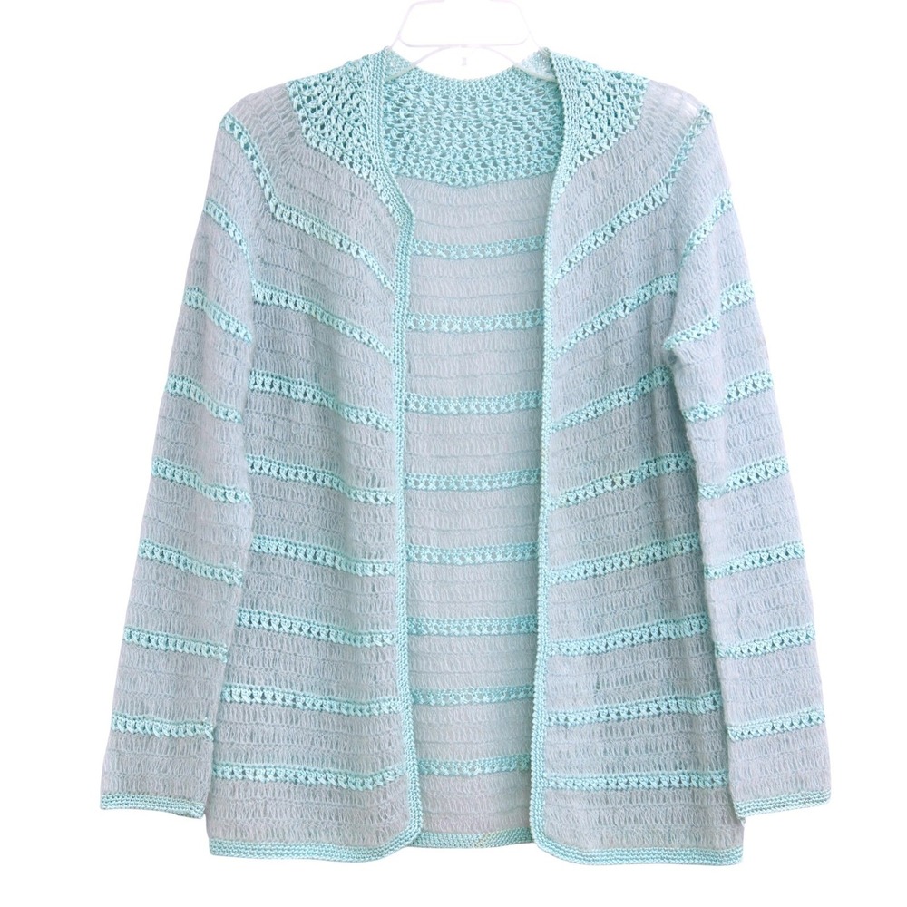 Hand Knit Mohair Crochet Knit Open Front Cardigan Light Blue Stripes Coquette